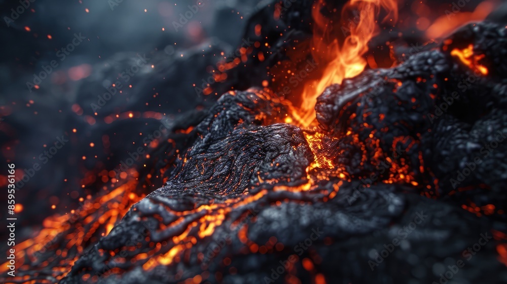 A close up of a lava flow with a lot of fire and smoke. The lava is flowing down the side of a mountain and the fire is shooting out of it. The scene is intense and dramatic, with the fire