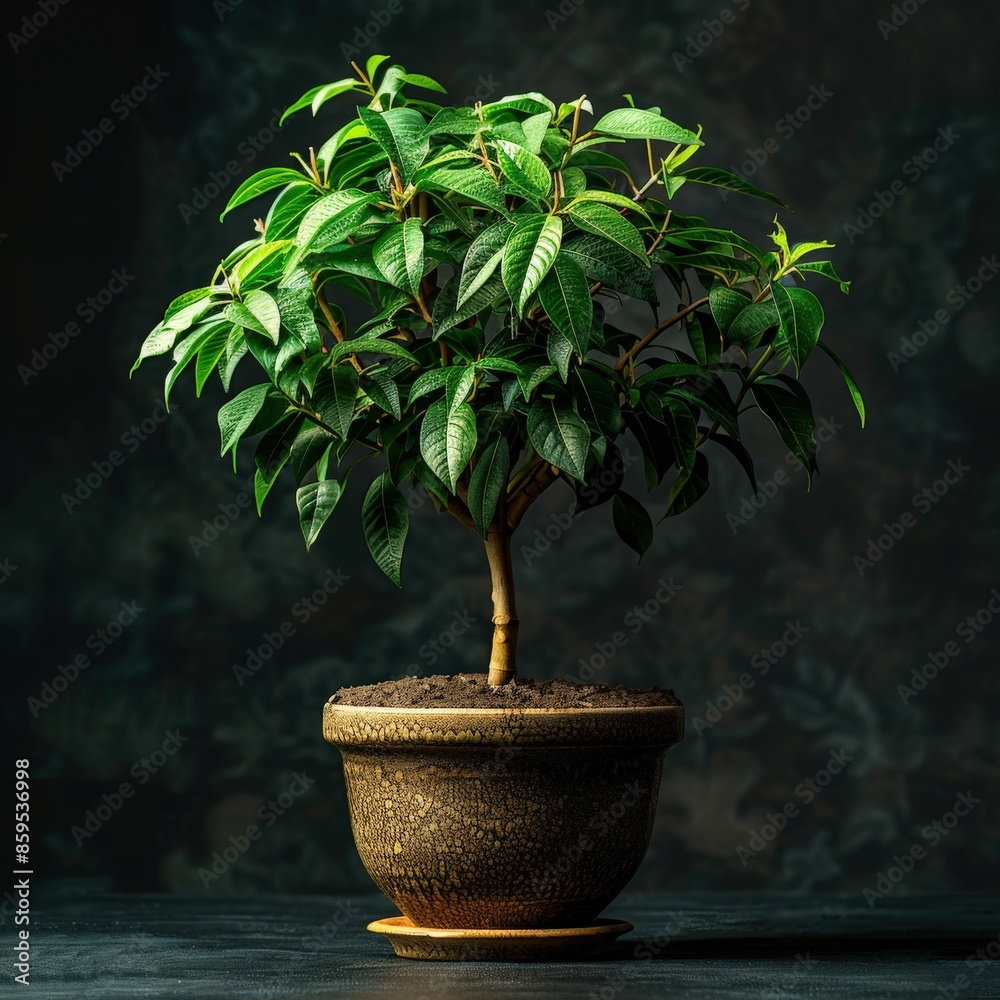 Elegant Potted Plant with Lush Green Foliage in a Rustic Pot Against a Dark Background