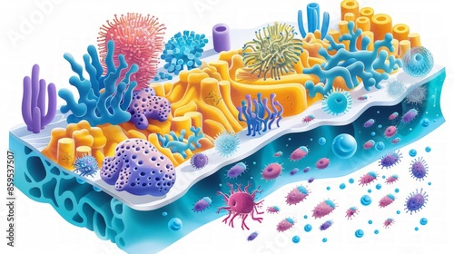 the process of biofilm formation, showing bacterial adhesion, microcolony formation, maturation, and dispersal within a microbiological context photo