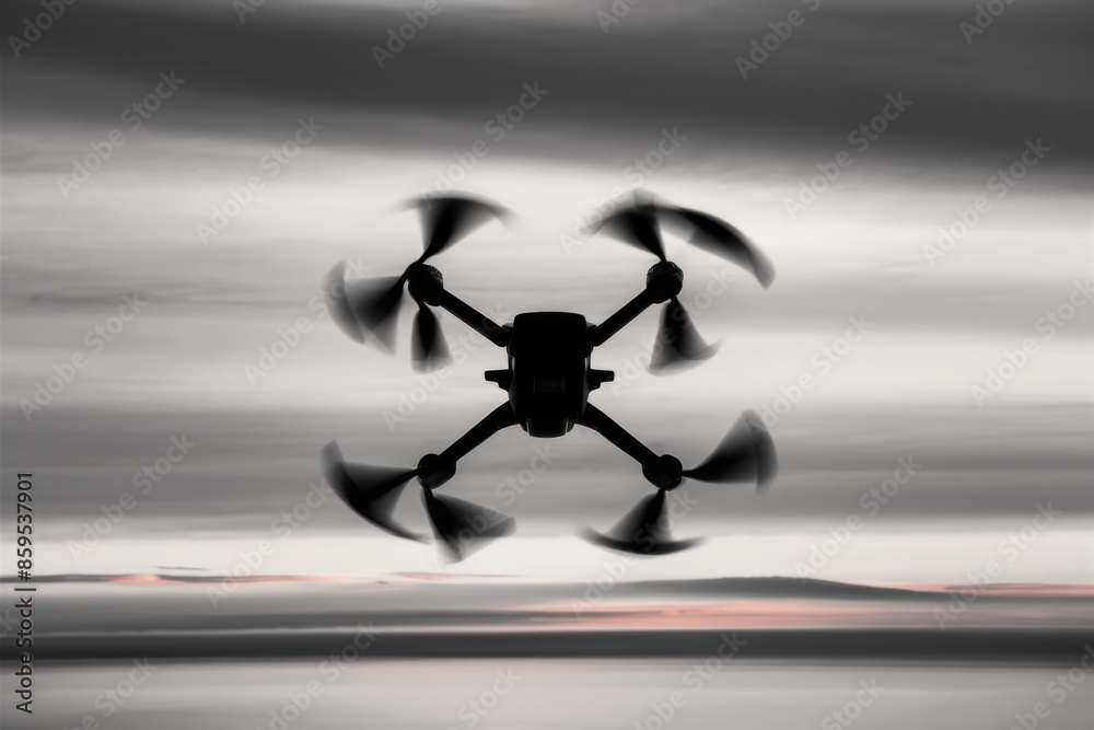 Silhouette of a Drone Flying at Dusk , Aerial Technology for Stock Photography and Digital Design Silhouette of a Drone Flying at Dusk , Aerial Technology for Stock Photography and Digital Design