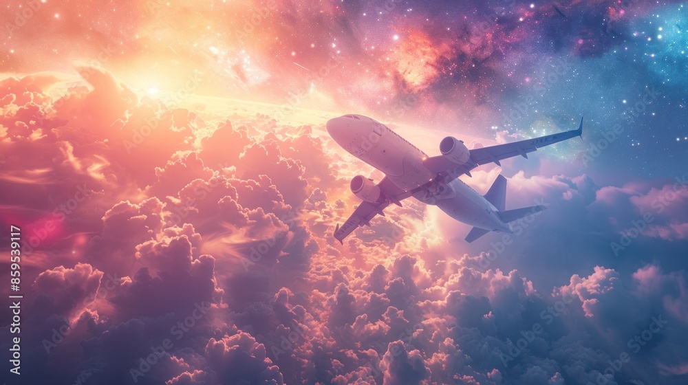 Fototapeta premium Airplane Flying Through Vibrant Sunset Sky with Colorful Clouds and Starry Background