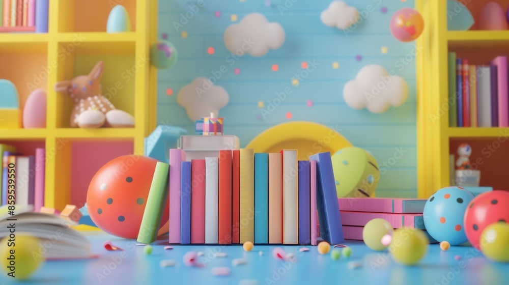 A vibrant scene with colorful childrens books surrounded by toys, perfect for a fun and educational setting. Generative AI