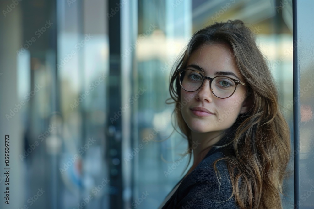 A woman wearing glasses leans against a transparent glass wall, providing a clear view of her profile and attire A woman wearing glasses leans against a transparent glass wall, providing a clear view of her profile and attire