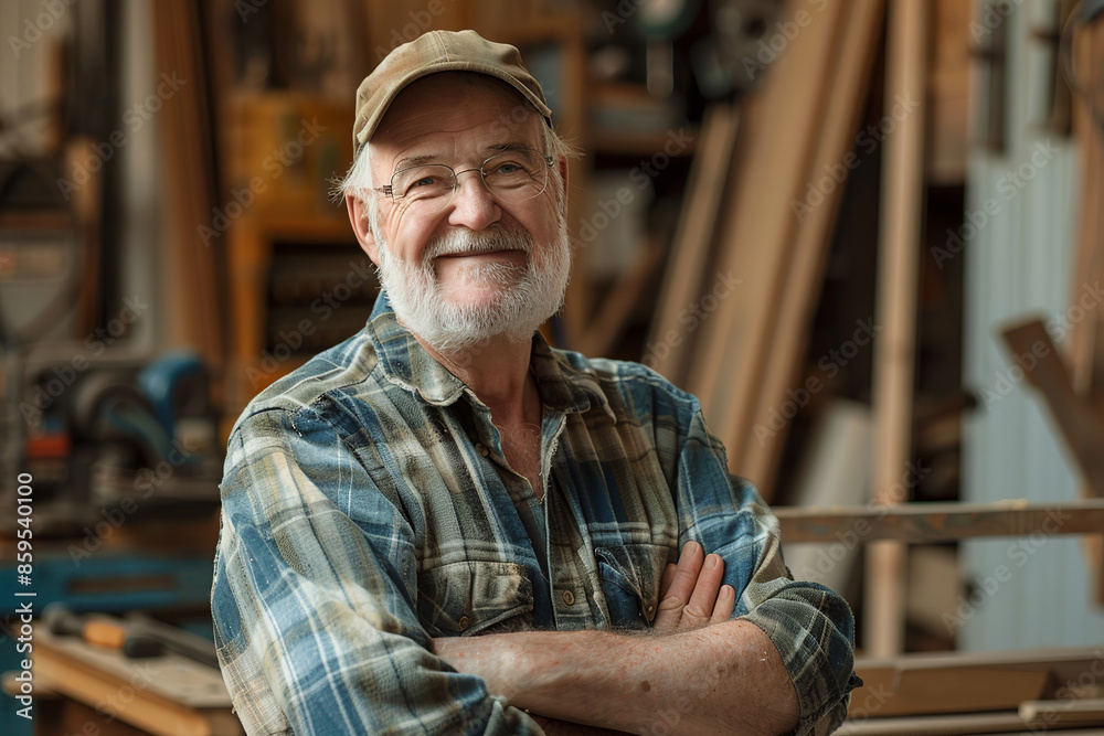 Portrait of young male carpenter standing in the wood workshop and looking at camera Portrait of young male carpenter standing in the wood workshop and looking at camera