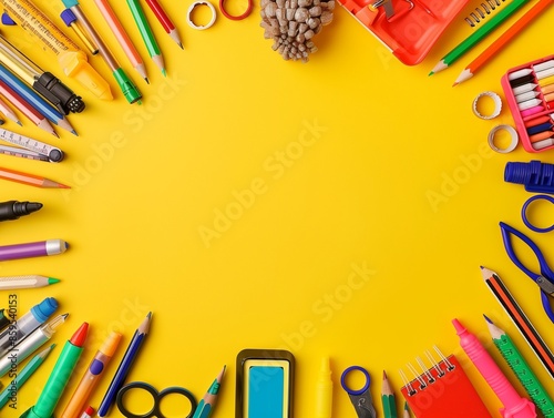 Yellow backdrop framed by diverse school supplies, leaving space in the middle. Back to school concept. 