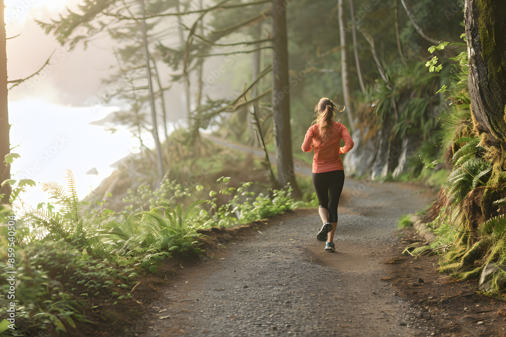A woman jogging on a scenic trail.
A woman jogging on a scenic trail.