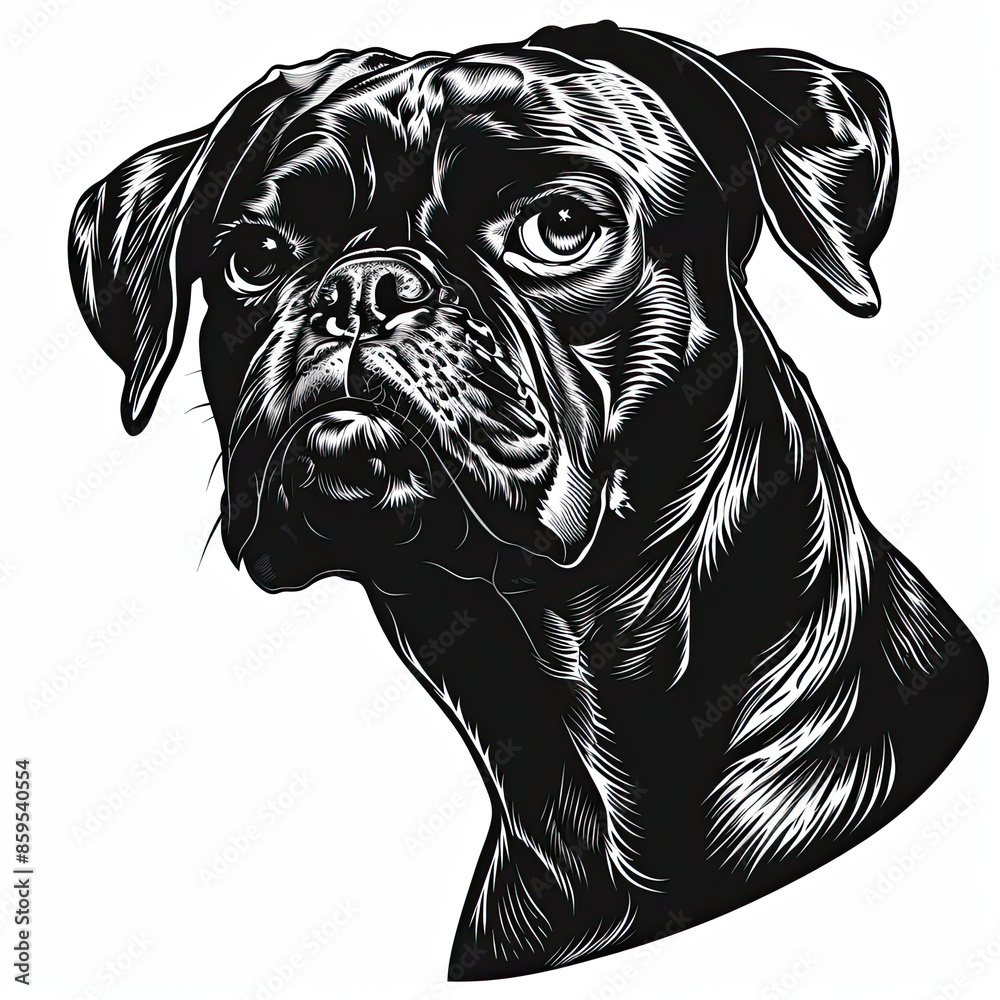 A black and white drawing of a Boxer dog A black and white drawing of a Boxer dog