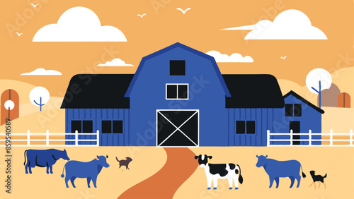 A blue barn with a red roof and a white fence