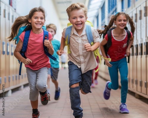 Smiling children run energetically with their backpacks in a locker-lined school hallway. Back to school concept. 