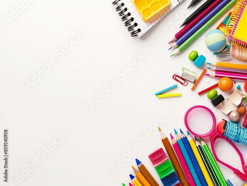 School supplies create a colorful right-hand border on a white background. Back to school concept. 