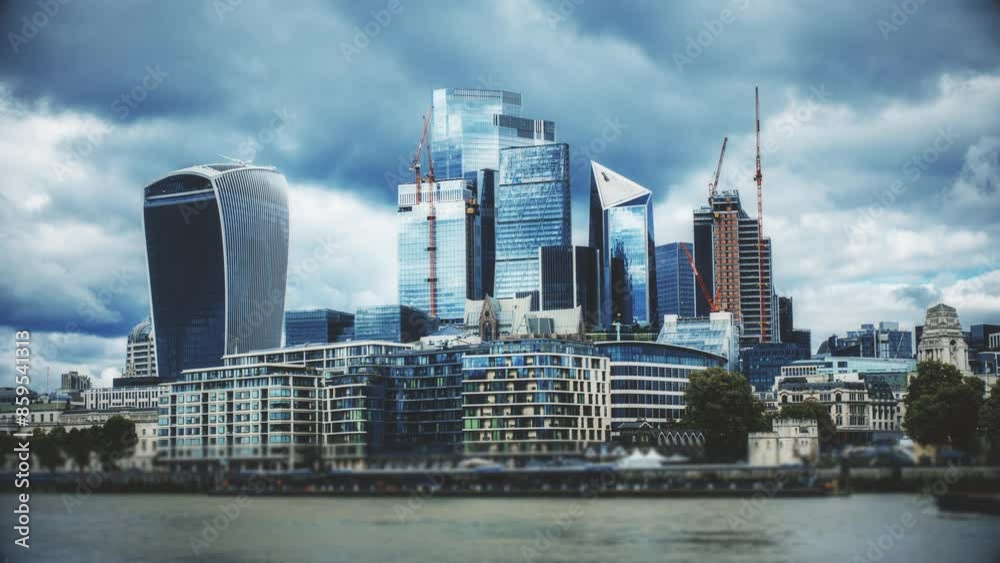London, England, with moody clouds and sunshine over the skyscrapers and river Thames. London Skylines at sunset, time lapse, UK London, England, with moody clouds and sunshine over the skyscrapers and river Thames. London Skylines at sunset, time lapse, UK
