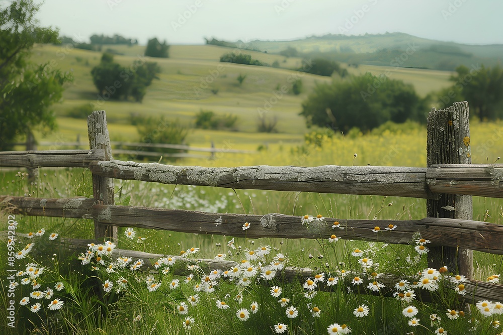 A rural landscape with a wooden fence enclosing a grassy field under a clear blue sky, surrounded by trees and natural scenery A rural landscape with a wooden fence enclosing a grassy field under a clear blue sky, surrounded by trees and natural scenery