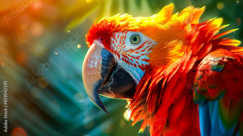 A close-up image of a vibrant scarlet macaw showcasing its colorful feathers in detail. photo