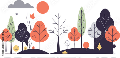 A drawing of a forest with trees and a sun in the sky