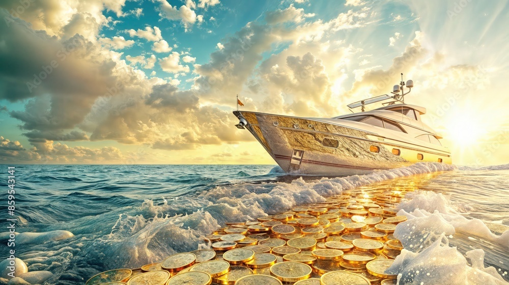 A luxury yacht sails on a sea of gold coins at sunset