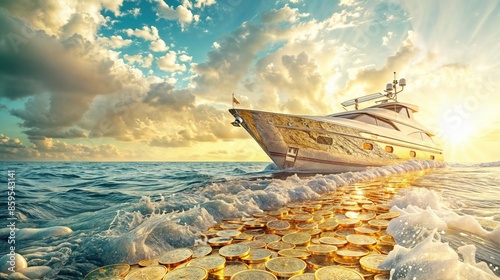 Obraz na płótnie A luxury yacht sails on a sea of gold coins at sunset w salonie