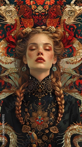 Captivating Eastern European Folkloric Portrait with Mythical Creature