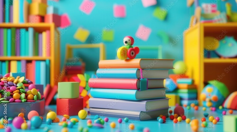 A vibrant image showcasing a stack of colorful childrens books surrounded by toys in a playful learning environment. Generative AI A vibrant image showcasing a stack of colorful childrens books surrounded by toys in a playful learning environment. Generative AI