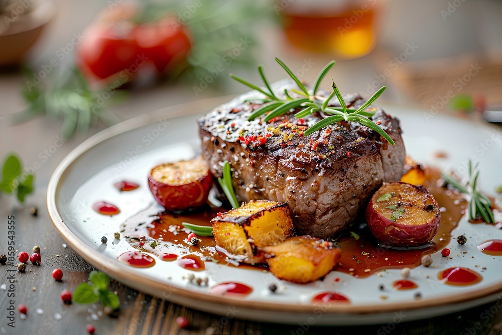 An elegantly plated gourmet dish on a wooden table An elegantly plated gourmet dish on a wooden table