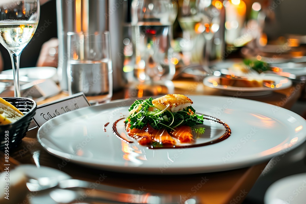 An elegantly plated gourmet dish on a wooden table An elegantly plated gourmet dish on a wooden table