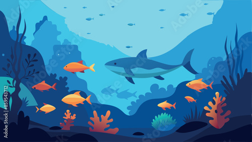 A blue ocean with a shark swimming in the middle