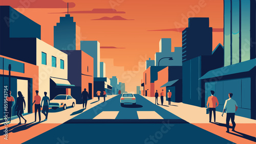 A city street with a car driving down it and people walking on the sidewalk