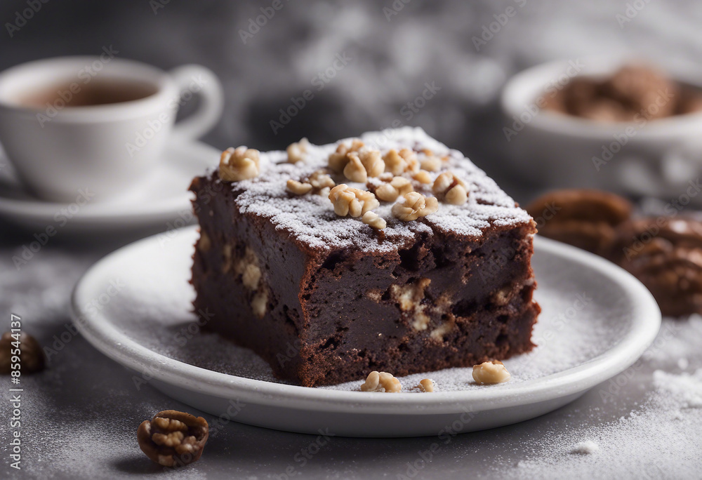 A decadent chocolate brownie topped with walnuts and dusted with powdered sugar isolated on transpar A decadent chocolate brownie topped with walnuts and dusted with powdered sugar isolated on transpar