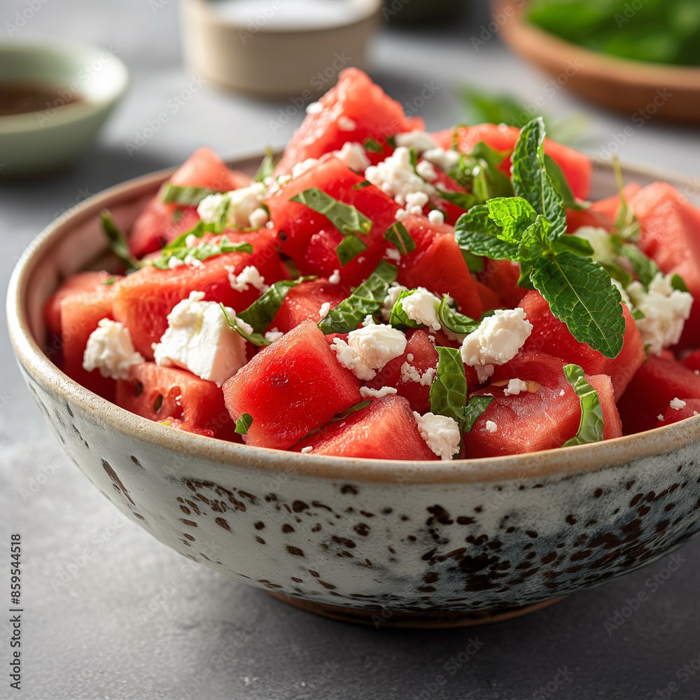 Close-up of a watermelon salad with feta cheese and mint, Served in a stylish ceramic bowl Close-up of a watermelon salad with feta cheese and mint, Served in a stylish ceramic bowl
