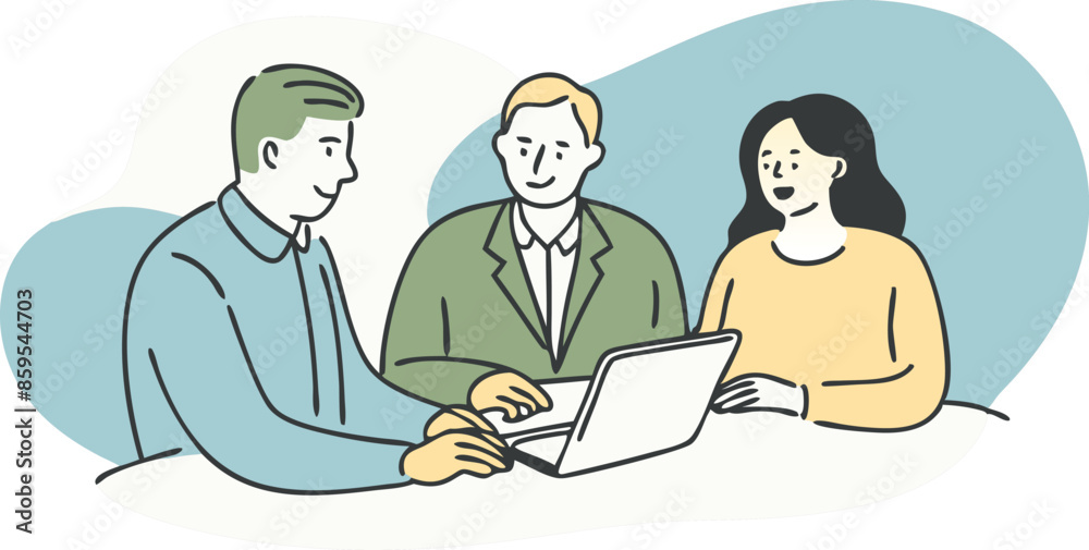 Three people are sitting around a table with a laptop in front of them Three people are sitting around a table with a laptop in front of them