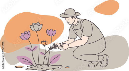 A man is kneeling down to tend to a flower bed