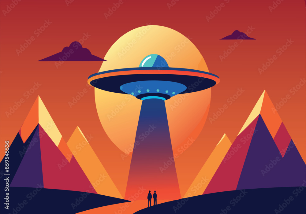A colorful drawing of a UFO flying over a mountain range A colorful drawing of a UFO flying over a mountain range