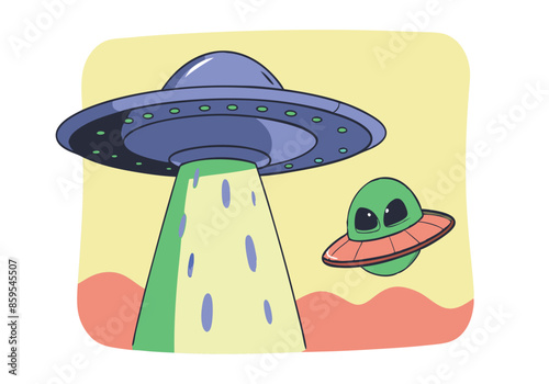 A cartoonish drawing of an alien spaceship with a green alien on it flying throu photo