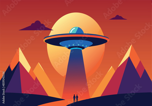 A colorful drawing of a UFO flying over a mountain range