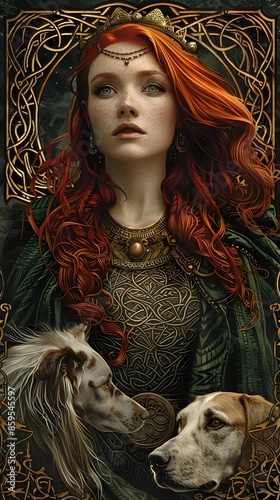 Ethereal Celtic Warrior Woman with Dogs