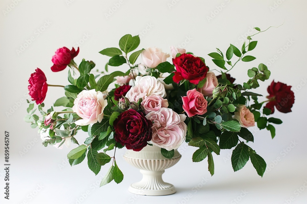 Romantic bouquet with red and pink roses, peonies, and greenery, arranged in a vintage-style vase on a plain white background Romantic bouquet with red and pink roses, peonies, and greenery, arranged in a vintage-style vase on a plain white background