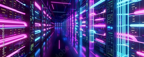 Data center with glowing container orchestration platforms, Kubernetes cluster depiction, futuristic, neon hues, digital rendering photo