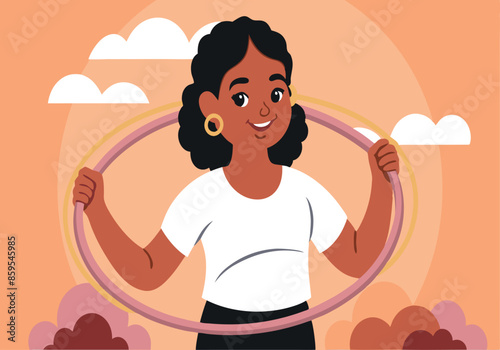 A woman is holding a hula hoop and smiling