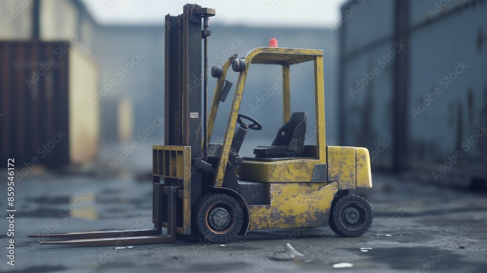 Yellow forklift is sitting in a warehouse Yellow forklift is sitting in a warehouse