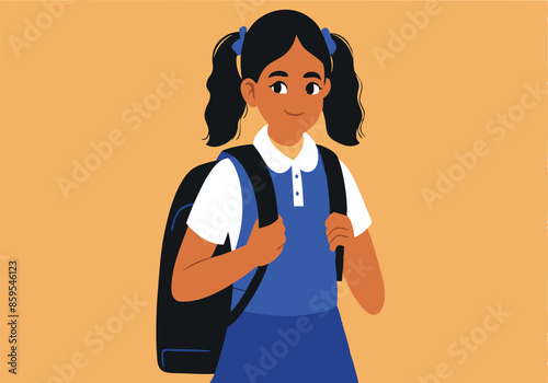 A young girl wearing a blue school uniform and a backpack