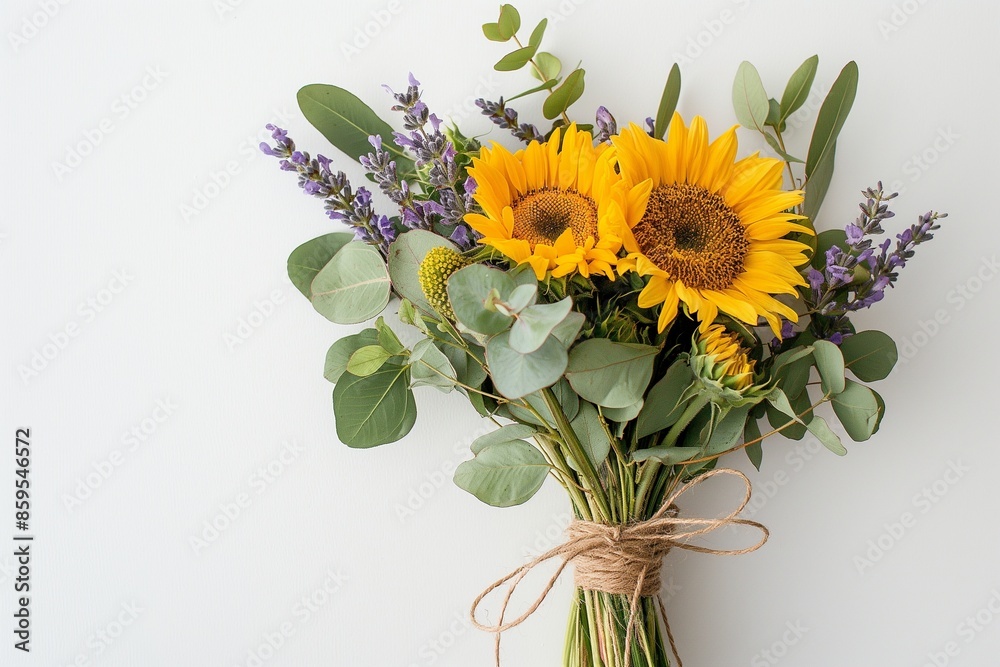 Rustic bouquet with sunflowers, lavender, and eucalyptus, tied with a jute twine, set against a neutral white background for a clean Rustic bouquet with sunflowers, lavender, and eucalyptus, tied with a jute twine, set against a neutral white background for a clean