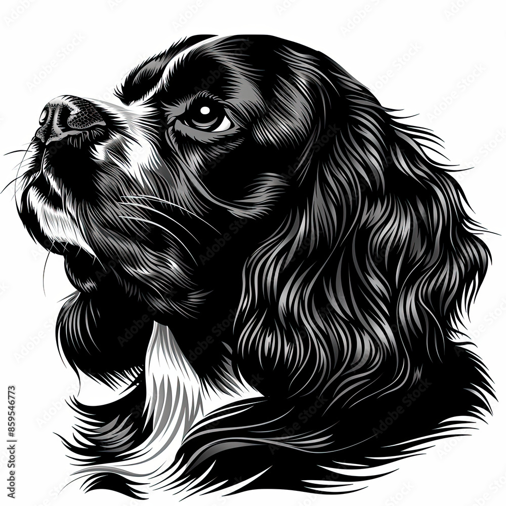 A black and white drawing of a Cavalier King Charles Spaniel dog A black and white drawing of a Cavalier King Charles Spaniel dog