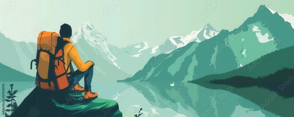 Fototapeta premium Backpacker taking a break with mountain peaks visible flat design, top view, serenity theme, water color, vivid, copy space for text,