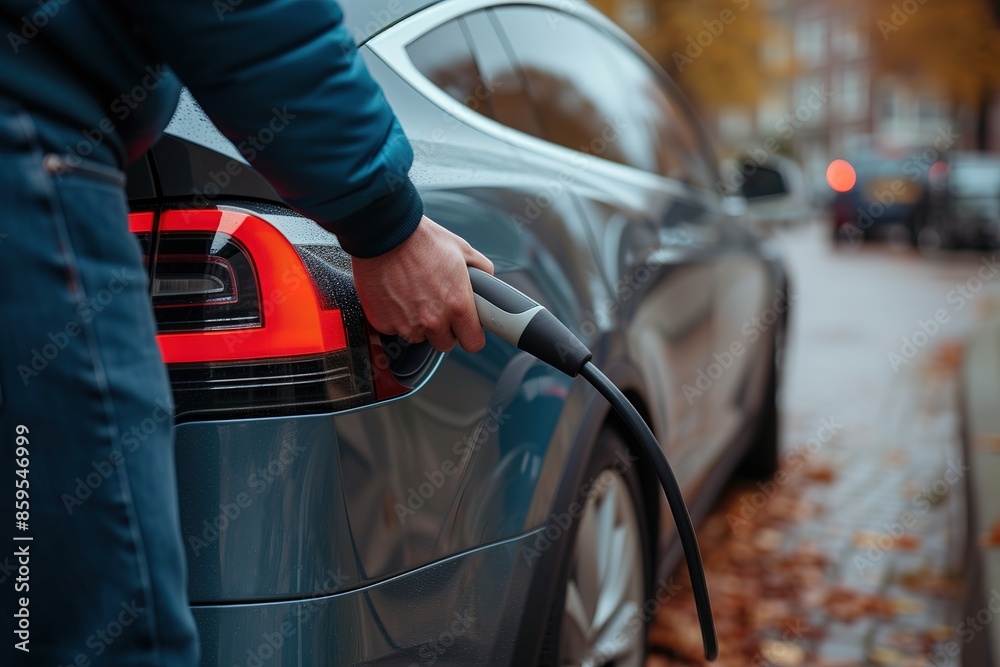 Midsection of man plugging in cable while charging electric car Midsection of man plugging in cable while charging electric car