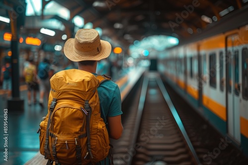 man backpacker traveler plan safety trip low cost budget summer holiday after coronavirus. Empty tourist on train railway platform. Use bus train sustainable environmental friendly transport