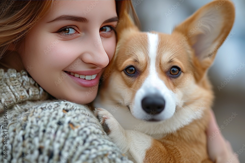 Portrait: happy dog owner cuddles her cute corgi puppy Portrait: happy dog owner cuddles her cute corgi puppy