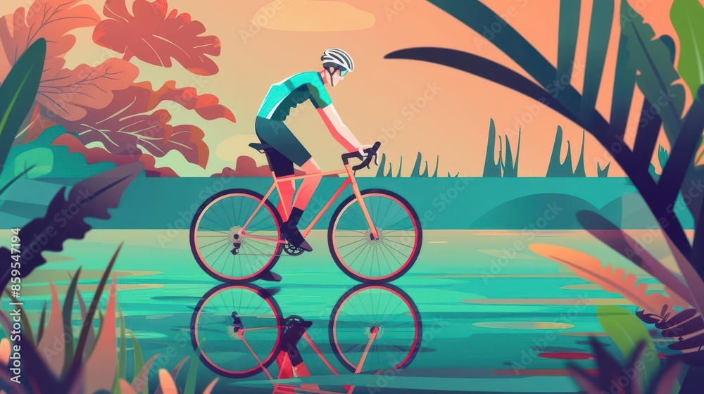 Fototapeta premium Biking trails with a cyclist in a helmet flat design, side view, nature exploration theme, water color, Complementary Color Scheme, copy space for text,