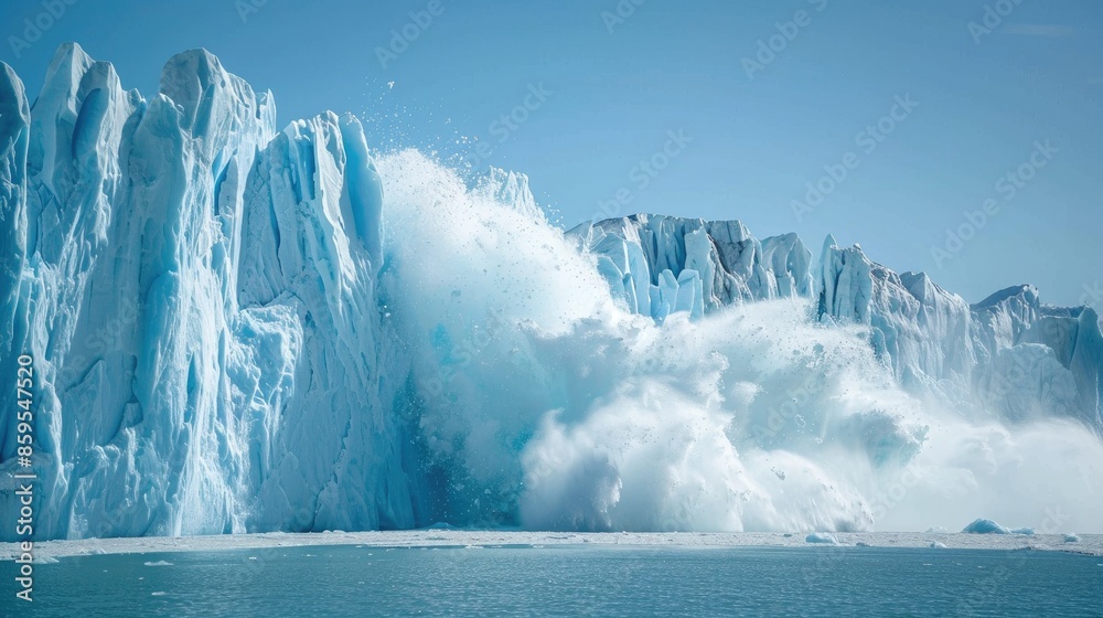 A substantial ice mass breaking off a glacier into the sea