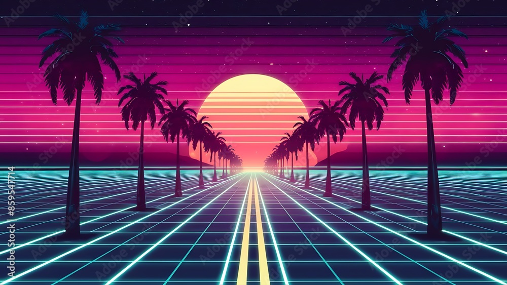 Naklejka premium 80s synthwave with neon lights, palm trees, grid-lined road, glowing horizon, retro sun, starry sky
