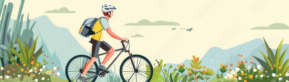 Cyclist pausing on a trail with a helmet and backpack flat design, side view, exploration theme, cartoon drawing, Triadic Color Scheme, copy space for text, Cyclist pausing on a trail with a helmet and backpack flat design, side view, exploration theme, cartoon drawing, Triadic Color Scheme, copy space for text,