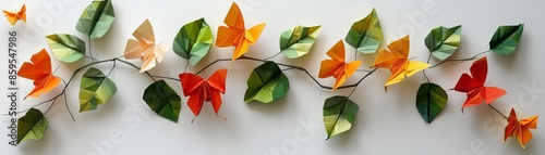 Origami butterflies on a vine, 3D, natureinspired, white background